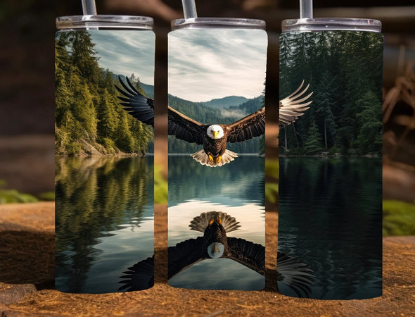 Bald Eagle with reflection in a lake -  20 oz Skinny Tumbler Sublimation Transfers