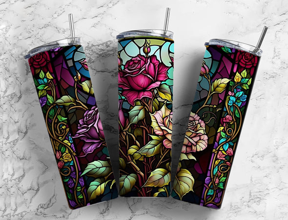 Stained Glass Medieval Roses- 20 oz Skinny Tumbler Sublimation Transfers