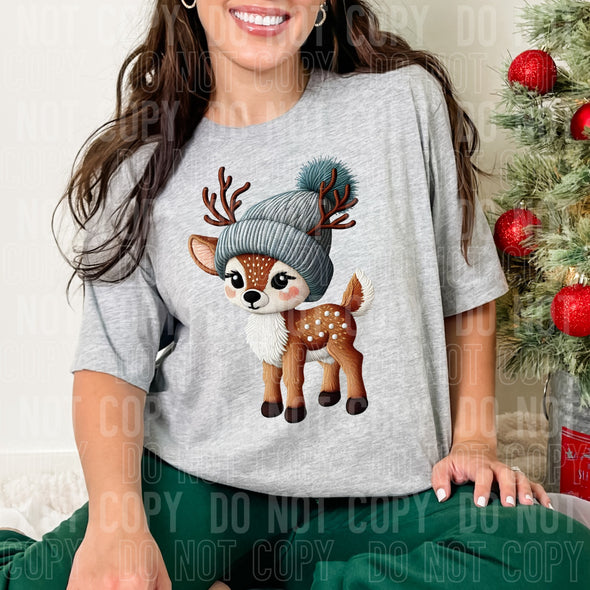 Faux Embroidery Reindeer with Beanie Hat  - DTF