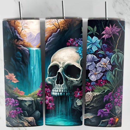 Skull Waterfall Scene - 20 oz Skinny Tumbler Sublimation Transfers