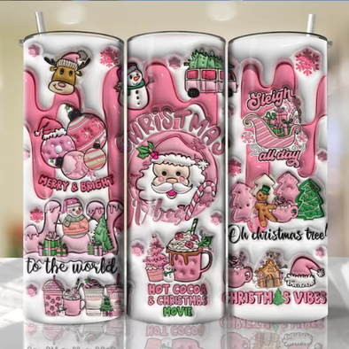Pink Christmas Vibes Coffee  Inflated 3D Puff - 20 oz Skinny Tumbler Sublimation Transfers