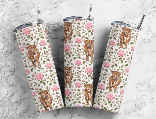 Floral Pink Highland Cow- 20 oz Skinny Tumbler Sublimation Transfers