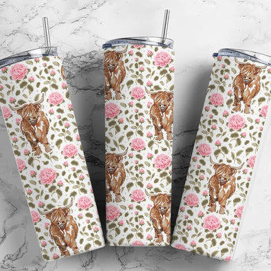 Floral Pink Highland Cow- 20 oz Skinny Tumbler Sublimation Transfers