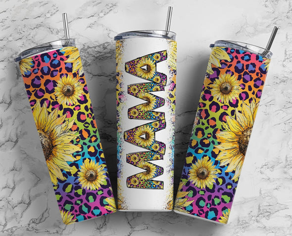 Mama Neon Leopard Sunflower- 20 oz Skinny Tumbler Sublimation Transfers