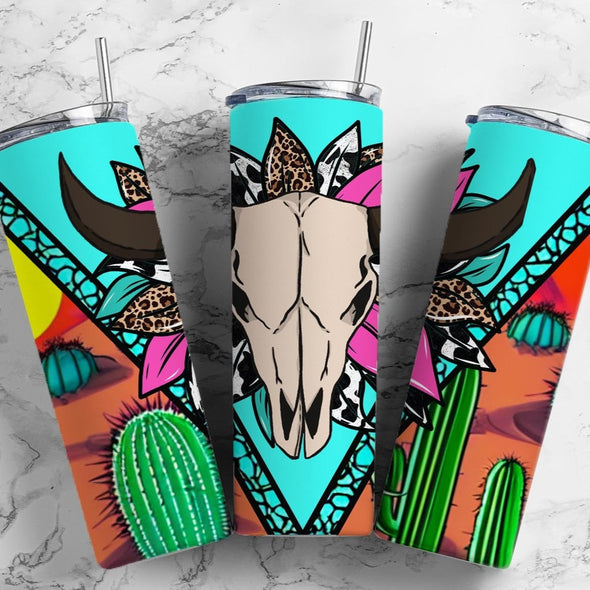 Western Bull Skull - 20 oz Skinny Tumbler Sublimation Transfers