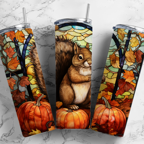 Fall Stained Glass Squirrel - 20 oz Skinny Tumbler Sublimation Transfers