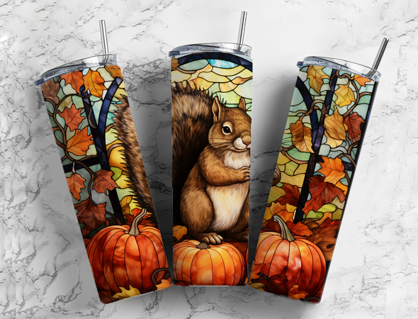 Fall Stained Glass Squirrel - 20 oz Skinny Tumbler Sublimation Transfers