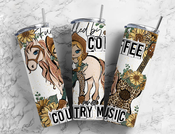 Fueled By Coffee And Country Music - 20 oz Skinny Tumbler Sublimation Transfers