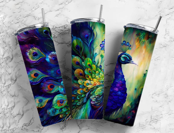 Alcohol Ink Peacock - 20 oz Skinny Tumbler Sublimation Transfers