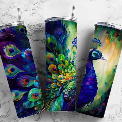 Alcohol Ink Peacock - 20 oz Skinny Tumbler Sublimation Transfers