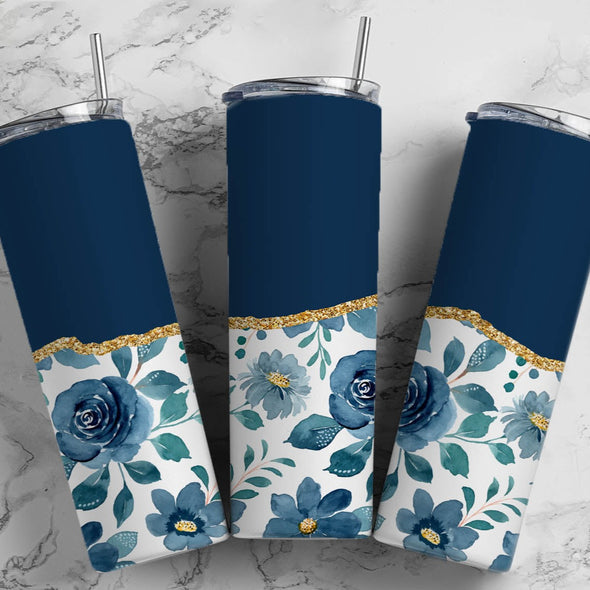 Alcohol Ink Navy Blue Flower - 20 oz Skinny Tumbler Sublimation Transfers