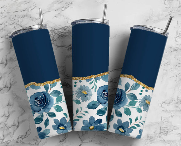 Alcohol Ink Navy Blue Flower - 20 oz Skinny Tumbler Sublimation Transfers