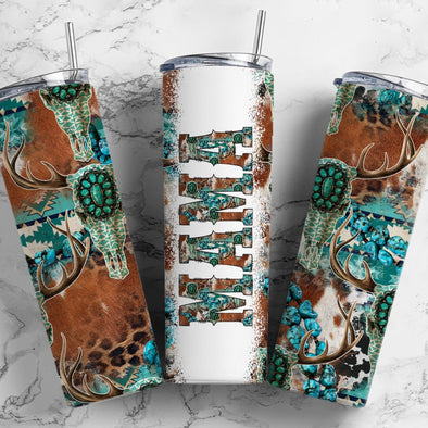 Mama Aztec Blue Skull- 20 oz Skinny Tumbler Sublimation Transfers