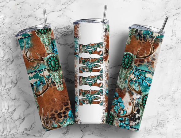 Mama Aztec Blue Skull- 20 oz Skinny Tumbler Sublimation Transfers