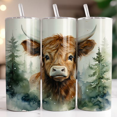 Highland Cow w/ Trees - Inflated 20 oz Skinny Tumbler Sublimation Transfers