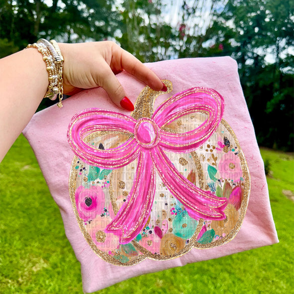 Glittered Up Floral Bow Pumpkin - DTF