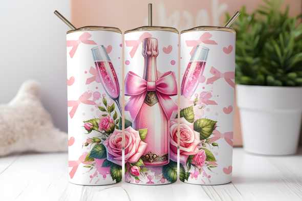 Pink Bows Champagne -  20 oz Skinny Tumbler Sublimation Transfers