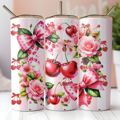 Pink Bows Cherries 2  -  20 oz Skinny Tumbler Sublimation Transfers