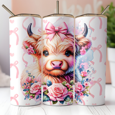 Pink Bows Highland Cow 2 -  20 oz Skinny Tumbler Sublimation Transfers