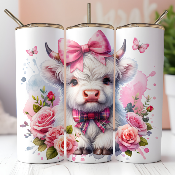 Pink Bows Highland Cow  -  20 oz Skinny Tumbler Sublimation Transfers