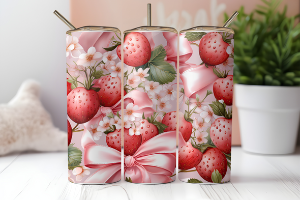 Pink Bows Strawberries  -  20 oz Skinny Tumbler Sublimation Transfers
