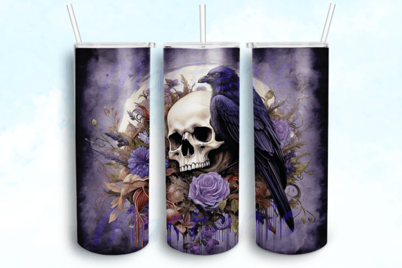 Skull With Raven - 20 oz Skinny Tumbler Sublimation Transfers