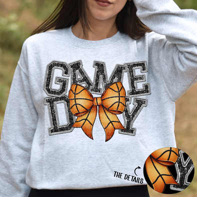 Game Day Basketball Bow Faux Embroidery - DTF