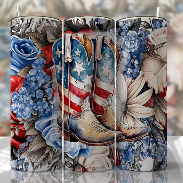 American Flag Cowgirl Boots - 20 oz Skinny Tumbler Sublimation Transfers