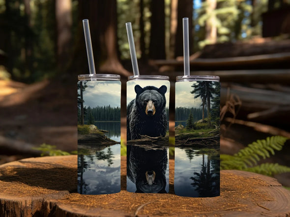 Black Bear with reflection in a lake -  20 oz Skinny Tumbler Sublimation Transfers