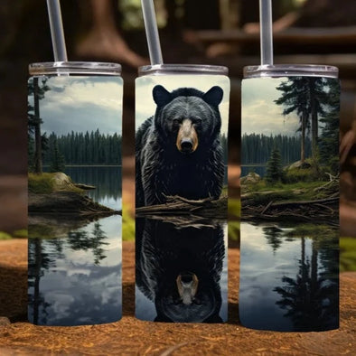 Black Bear with reflection in a lake -  20 oz Skinny Tumbler Sublimation Transfers