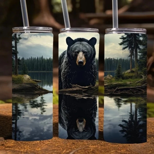 Black Bear with reflection in a lake -  20 oz Skinny Tumbler Sublimation Transfers