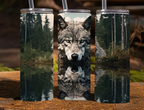 Wolf with reflection in a lake -  20 oz Skinny Tumbler Sublimation Transfers
