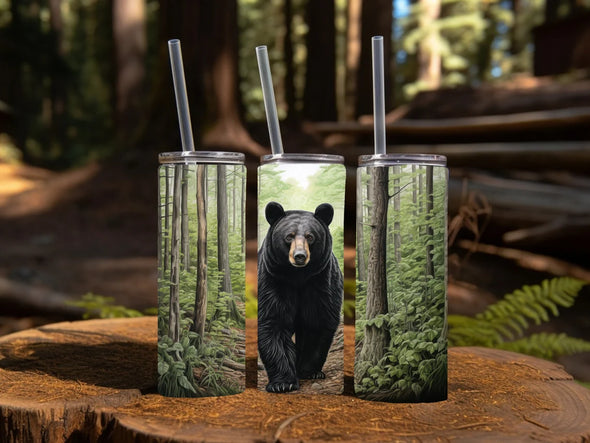 Black Bear in a lush forest -  20 oz Skinny Tumbler Sublimation Transfers