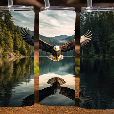 Bald Eagle with reflection in a lake -  20 oz Skinny Tumbler Sublimation Transfers