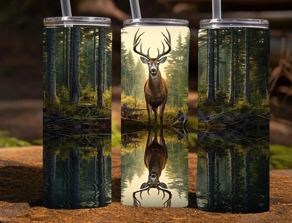 Buck/Deer with reflection in a lake -  20 oz Skinny Tumbler Sublimation Transfers