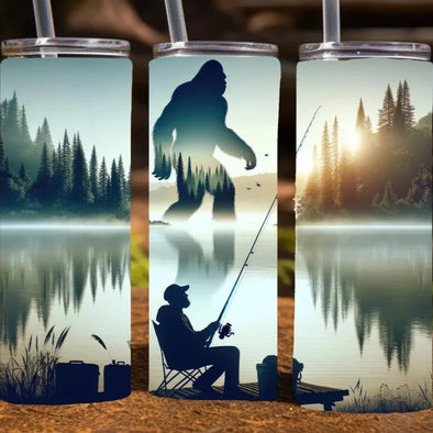 Bigfoot in forest fishing scene -  20 oz Skinny Tumbler Sublimation Transfers