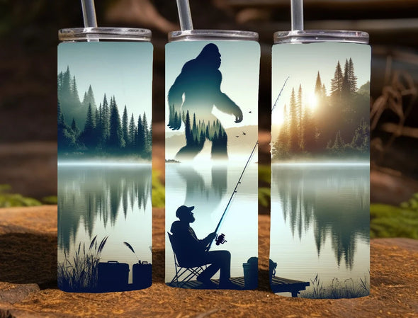 Bigfoot in forest fishing scene -  20 oz Skinny Tumbler Sublimation Transfers