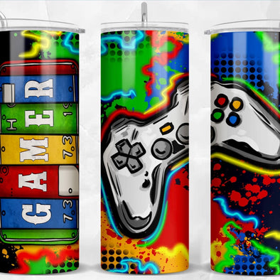 Gamer with Game Controller  - 20 oz Skinny Tumbler Sublimation Transfers