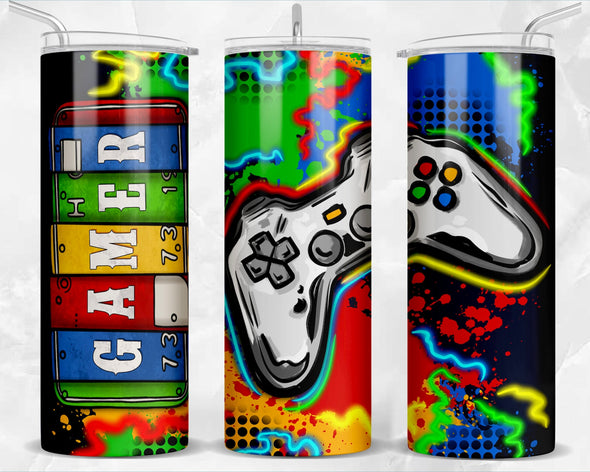 Gamer with Game Controller  - 20 oz Skinny Tumbler Sublimation Transfers