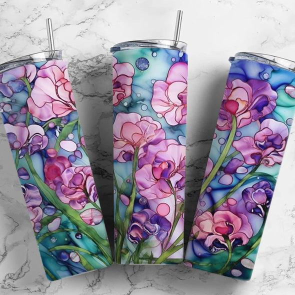 Alcohol Ink Flowers  - 20 oz Skinny Tumbler Sublimation Transfers