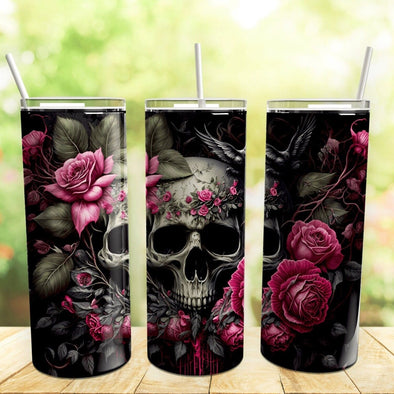 Skull With Roses - 20 oz Skinny Tumbler Sublimation Transfers