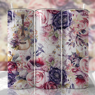 Floral Guitar Music Purple Seamless - 20 oz Skinny Tumbler Sublimation Transfers