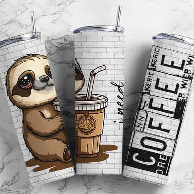 Coffee Sloth - 20 oz Skinny Tumbler Sublimation Transfers