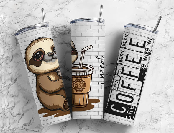 Coffee Sloth - 20 oz Skinny Tumbler Sublimation Transfers