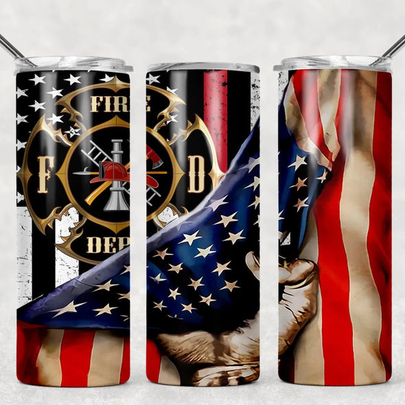 Firefighter USA Flag - 20 oz Skinny Tumbler Sublimation Transfers