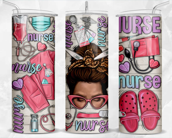 Nurse Messy Bun  - 20 oz Skinny Tumbler Sublimation Transfers