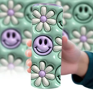 Smiley Face With Flowers - 20 oz Skinny Tumbler Sublimation Transfers