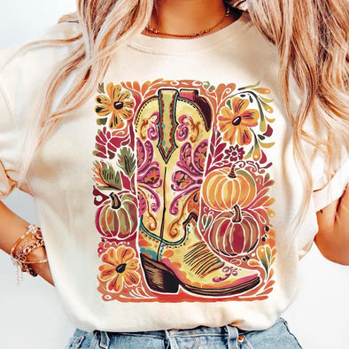 Western Floral Fall Cowboy Boot - DTF Transfer