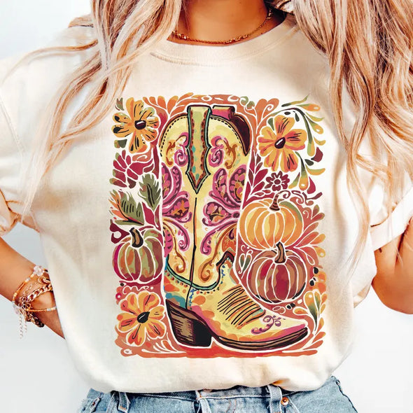 Western Floral Fall Cowboy Boot - DTF Transfer