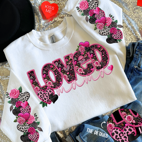 Loved Mama & Matching Sleeve Faux Embroidery - DTF